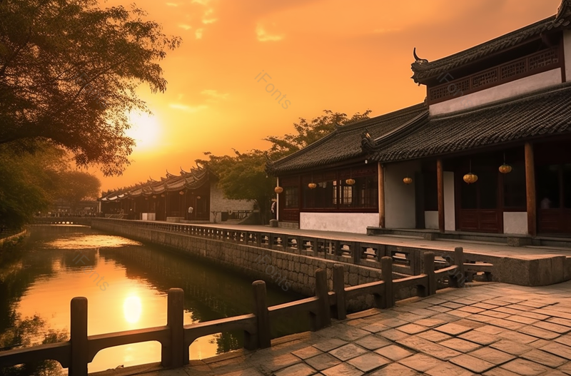 水乡古镇黄色夕阳下桥边美景摄影图,高清,摄影图,摄影图片,图片大全,摄影图免费下载